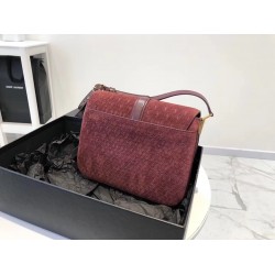 Saint Laurent Monogram All Over Small Satchel In Bordeaux Suede YSLBS81314