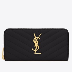 Saint Laurent Monogram Zip Around Wallet In Black Grained Leather YSLBS81318