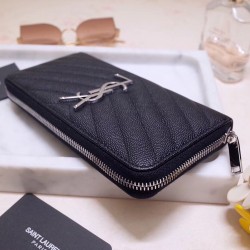 Saint Laurent Monogram Zip Around Wallet In Noir Grained Leather YSLBS81319