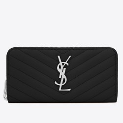 Saint Laurent Monogram Zip Around Wallet In Noir Grained Leather YSLBS81319