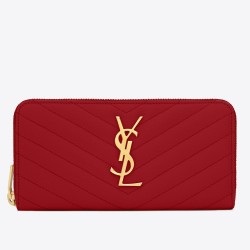 Saint Laurent Monogram Zip Around Wallet In Red Grained Leather YSLBS81321