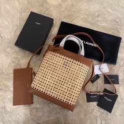 Saint Laurent N/S Toy Shopping Bag In Woven Cane And Leather YSLBS81333