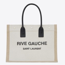 Saint Laurent Rive Gauche Small Tote Bag in White Linen and Leather YSLBS81341