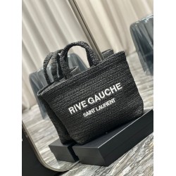 Saint Laurent Rive Gauche Tote Bag in Black Raffia Crochet YSLBS81345