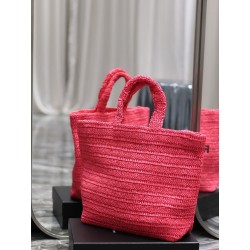 Saint Laurent Rive Gauche Tote Bag in Neon Pink Raffia Crochet YSLBS81346