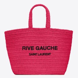 Saint Laurent Rive Gauche Tote Bag in Neon Pink Raffia Crochet YSLBS81346