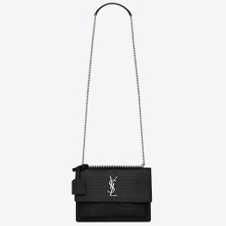 Saint Laurent Sunset Medium Bag In Black Crocodile Embossed Leather YSLBS81408