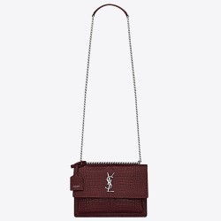 Saint Laurent Sunset Medium Bag In Bordeaux Crocodile Embossed Leather YSLBS81411