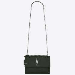 Saint Laurent Sunset Medium Bag In Green Crocodile Embossed Leather YSLBS81415