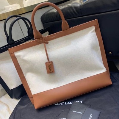 Saint Laurent Tag Shopping Bag In Canvas And Brown Leather YSLBS81425