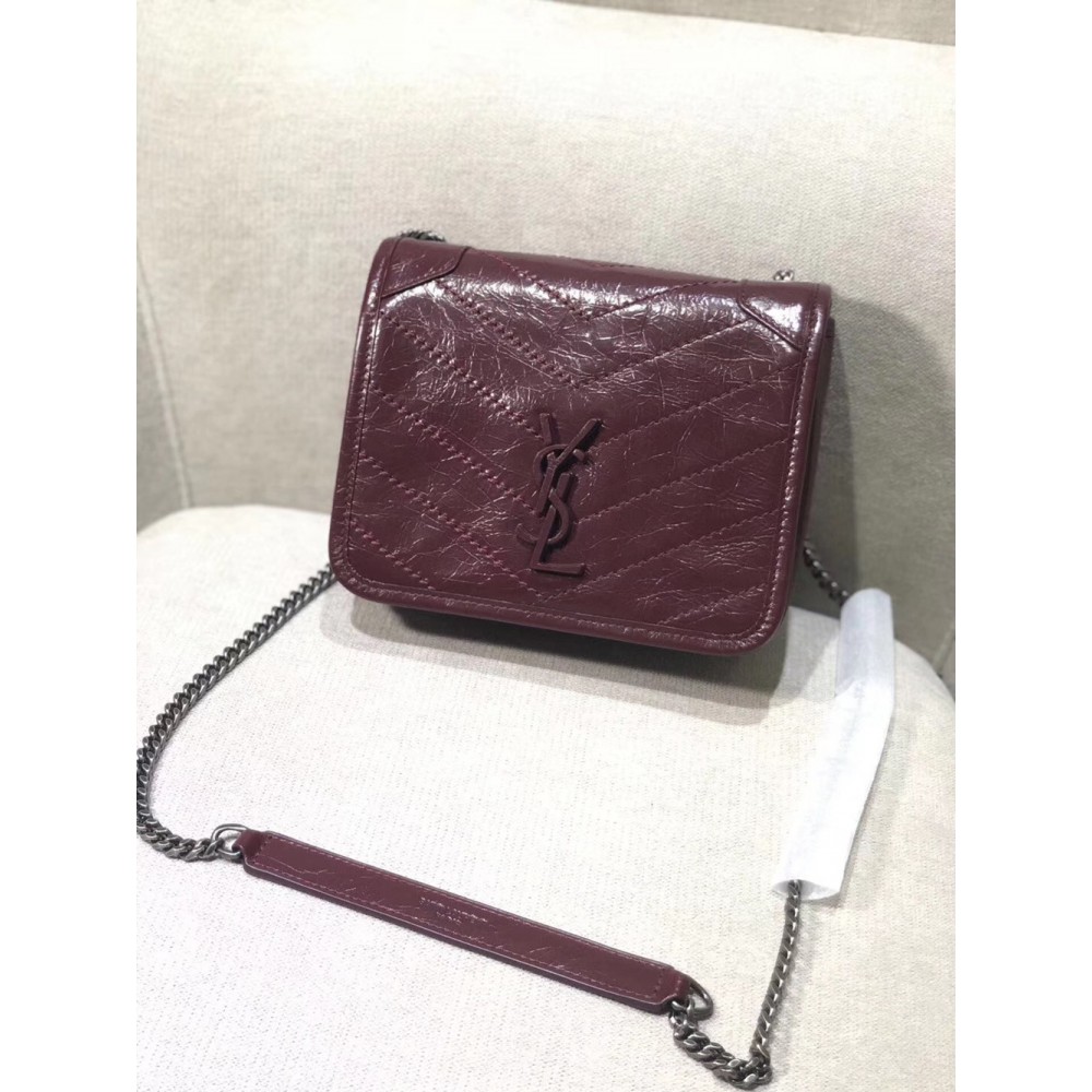 Saint Laurent WOC Niki Chain Wallet In Bordeaux Crinkled Leather YSLBS81456