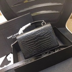 Saint Laurent WOC Sunset Chain Wallet In Black Croc-Embossed Leather YSLBS81464